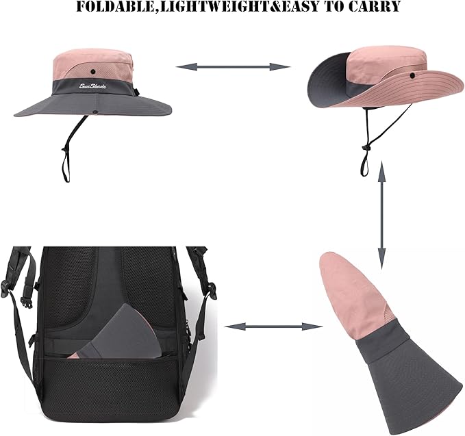 Womens Summer Sun Hat Beach Hat Wide Brim Outdoor UV Protection Hat Foldable Cool Mesh Ponytail Bucket Hat