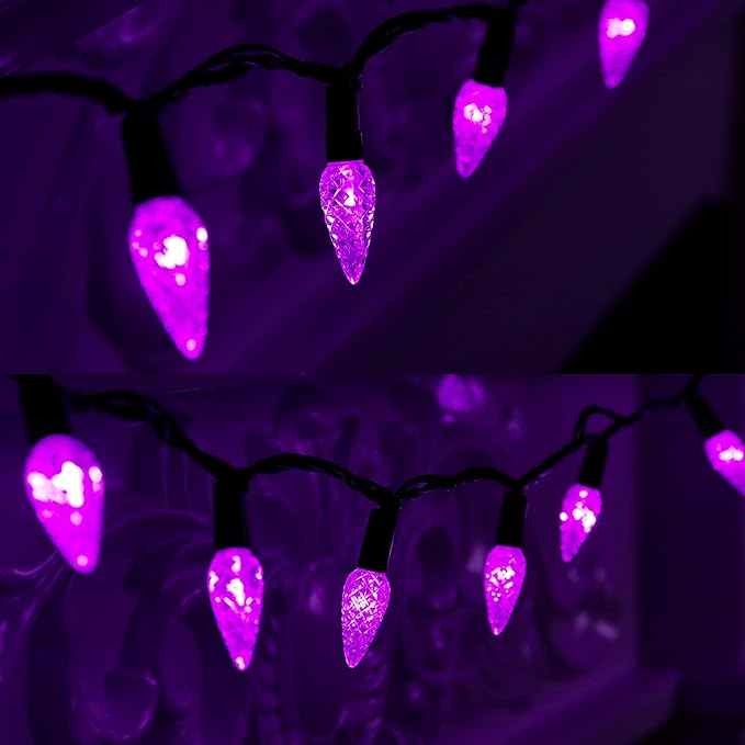 WATERGLIDE Halloween C6 String Lights, 33ft 100 LED Black Wire Fairy Lights with 29V Safe Adaptor, 8 Lighting Mode, Waterproof for Indoor Outdoor Patio Xmas Tree Party Decor, Purple