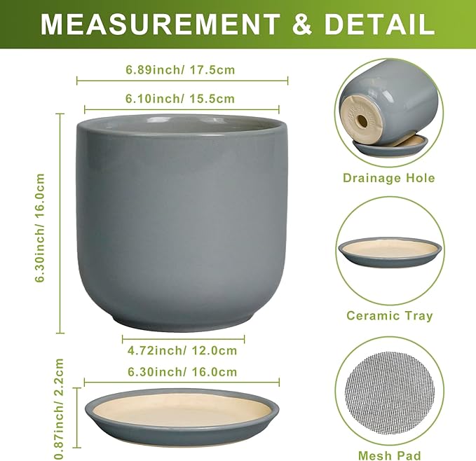 Indoor Planter 7 Inch - Round Ceramic Plant Pot for Cactus Orchid Plants with Drainage Hole and Saucer, Home Outdoor Patio Office Decor, Gray