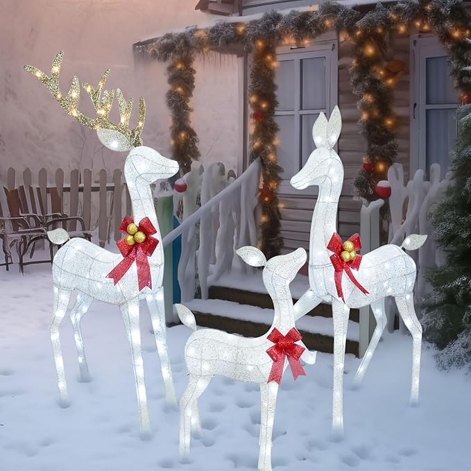 Lighted Christmas Decoration Deer 3 Piece, Light up Christmas Decor Reindeer Family Set for Indoor Outdoor Front Yard Porch with LED Lights, Plug, Ground Stakes - White