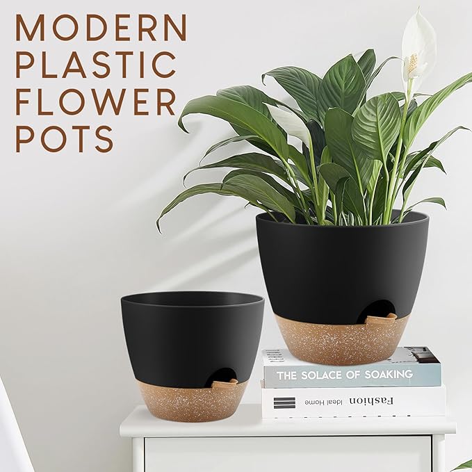 Plant Pots 10/9/8/7.5/7 inch, Self Watering Planters with Drainage Holes & Saucers for Indoor and Outdoor Plants (Black)