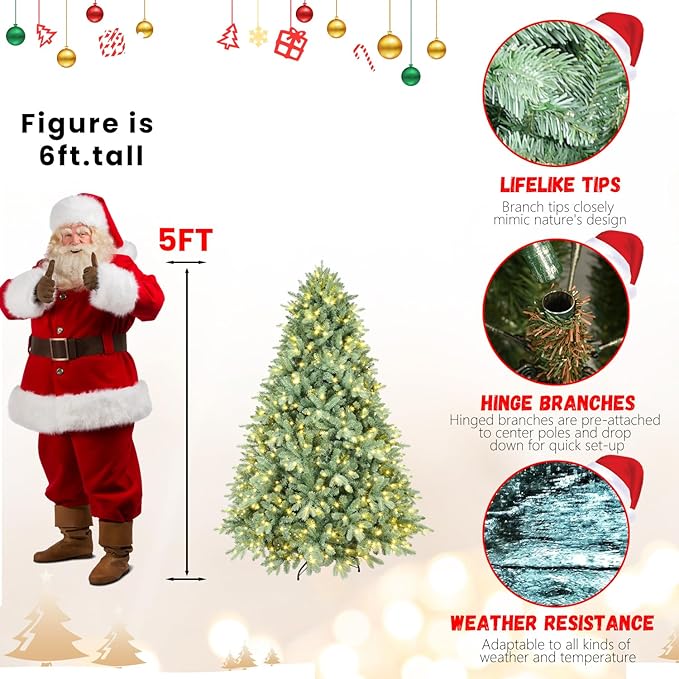 5FT Prelit Christmas Tree, Premium Blue Artificial Spruce Christmas Tree with 300 Lights & 1194 PE/PVC Branch Tips, Memory Wire Pre Lit Full Hinged Xmas Trees with Metal Base for Holiday Decoration