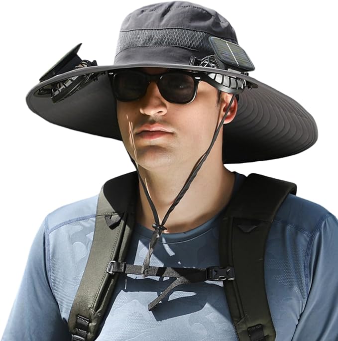 Solar Powered Fan Hat with 2 Removable Fans Wide Brim Sun Hat for Outdoor Fishing, Hiking Gardening, USB Solar Charging