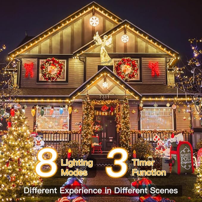 Ollny 198 FT 600 LED Outdoor Waterproof Plug in Christmas Tree Lights with 8 Modes Remote Timer, String Lights for House Yard Outside Indoor Xmas Decorations Warm White