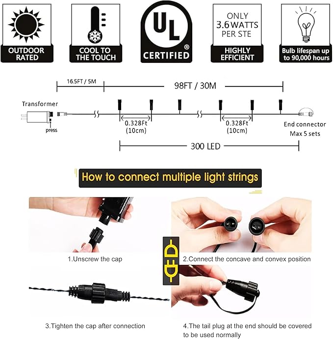 kemooie 300 LED Pink Christmas Lights, 99FT Connectable 8 Twinkle Modes String Lights with Memory Function, Waterproof for Outdoor Indoor Wedding Party Valentine's Day Decoration