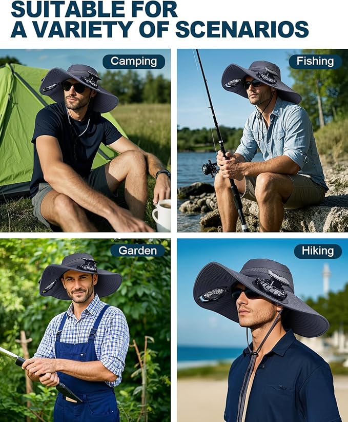 Wide Brim Sun Hat with 2 Solar Fan, Sun Bucket Hat for Men Women, UPF 50+ Bucket Fishing & Beach Hat with Fan