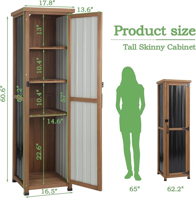 62" H Tall Narrow Outdoor Storage Cabinet with Metal Top, Outdoor Shed Storage Unit Waterproof with Adjustable Shelves for Garden, Patio, Living Room, or Entryway Storage, Black