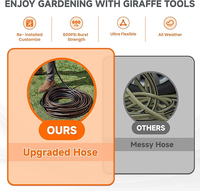 Giraffe Tools Leader Hose 8ft x 5/8", Custom Length, Heavy Duty, No Kink, Flexible, Rubber Garden Hose, Leakproof Water Hose with Male to Female Fittings, 600 Burst PSI