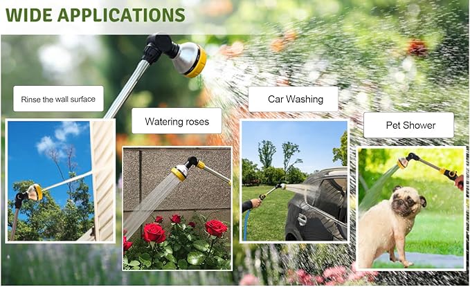 17.5" Gardening Watering Wand | 8 Spray Patterns & Thumb-Controlled Switch | 180° Rotating Long Nozzle| for Plants, Hanging Baskets and Shrubs, Pet Bathing, Wall Washing (yellow)