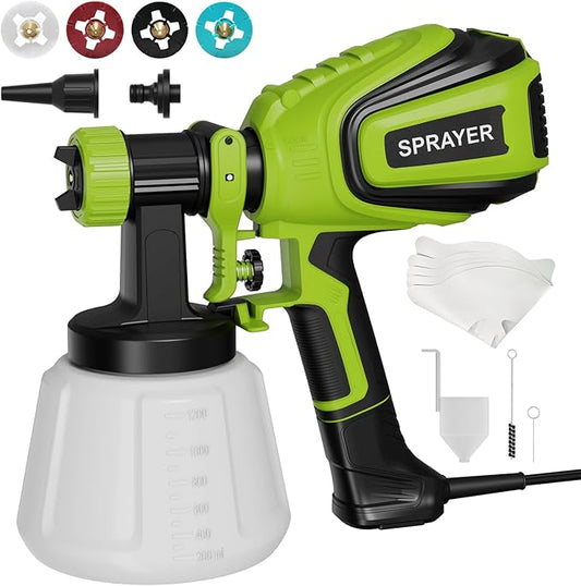 Paint Sprayer 700W, Electric HVLP Paint Spray Gun, with 4 Nozzles and 3 Patterns Cleaning & Blowing Joints Easy to Clean for Garden Chairs Fence Door Cabinets Home Interior Walls etc. VF803 Dark Green