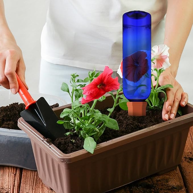 6 Sets Plant Watering Devices Include 6 Terracotta Self Watering Spikes and 6 Pcs 26 oz Plastic Bottles, Slow Release Vacation Insert Automatic Plant Waterer Device (Blue)