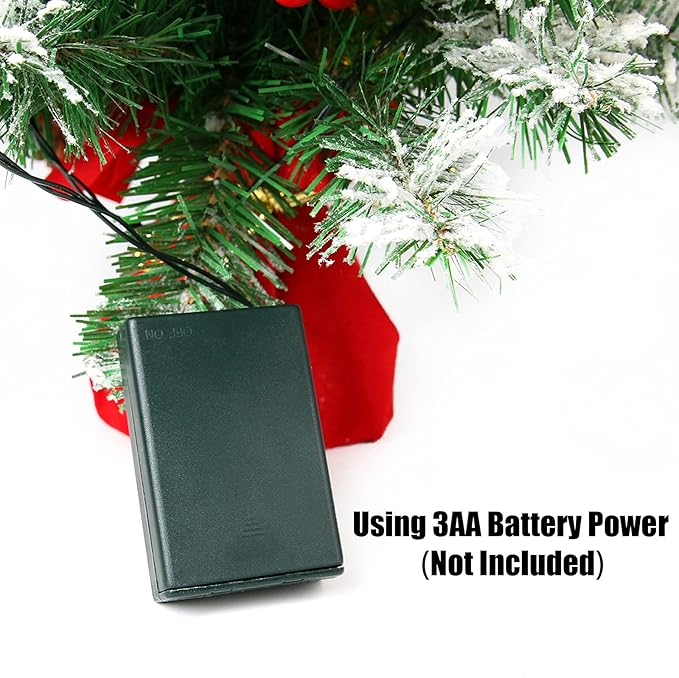 Sunnyglade 21.6 inch Snow Flocked Christmas Tree Artificial Mini Christmas Pine Tree Indoor Tabletop Ornaments Decorations with 30 LED Lights,Red Cloth Base and Pine Cones,White