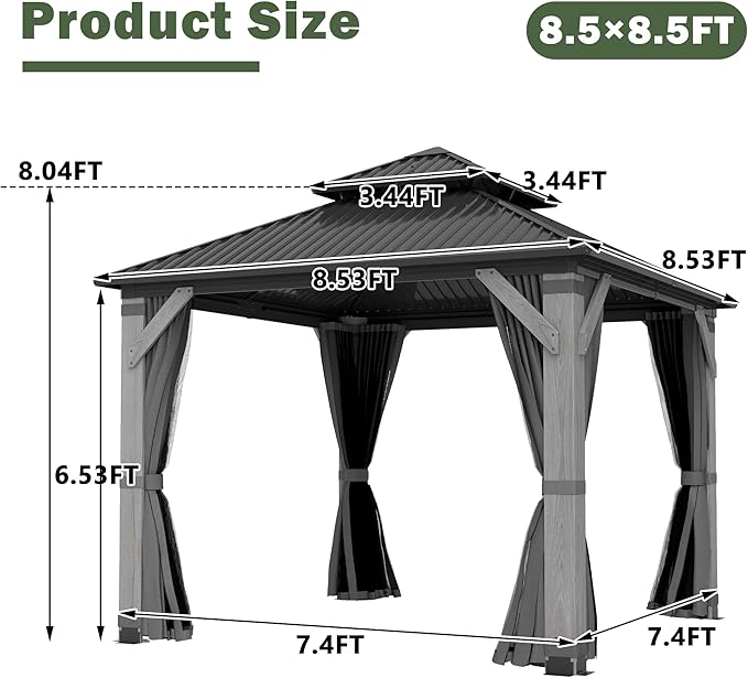 8.5'x8.5' Hardtop Wood Gazebo, Outdoor Double Roof Galvanized Steel Top Gazebo with Wooden Post, Curtains & Netting for Backyard, Patio, Deck (8.5x8.5 FT)