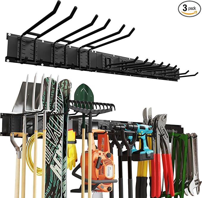 48 Inches Garage Organization,Wall Mount Garden Tool Organizer, 660lbs Adjustable Heavy Duty Metal Hanging Hooks, Garden Tool Hangers Storage Rack for Garage, Yard, and Shed (3 Racks, 9 Hooks)