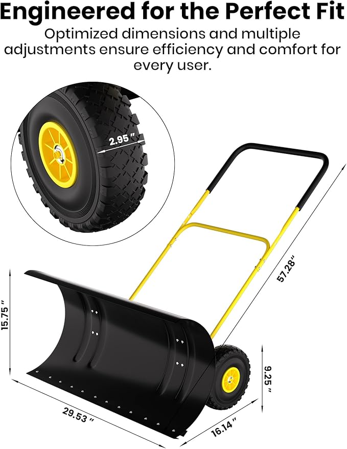 29" Snow Pusher Shovel with Wheels, Adjustable Ergonomic U-Handle Snow Plow for Driveway, Heavy Duty Wheeled Rolling Shovels for Driveway and Sidewalks with Angeled Blade