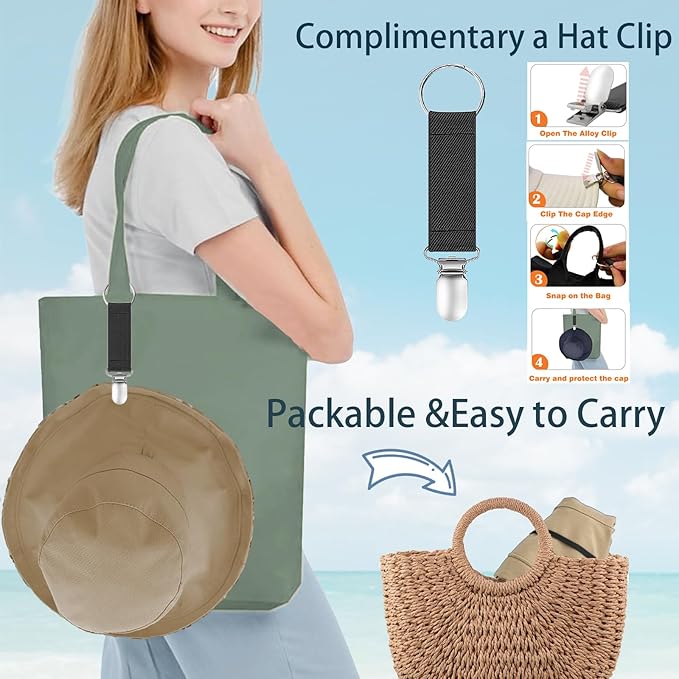 vidsel Womens Sun Hats Wide Brim Reversible Bucket Cotton Hat Packable Summer Travel Cap with Hat Clip,UV Protection