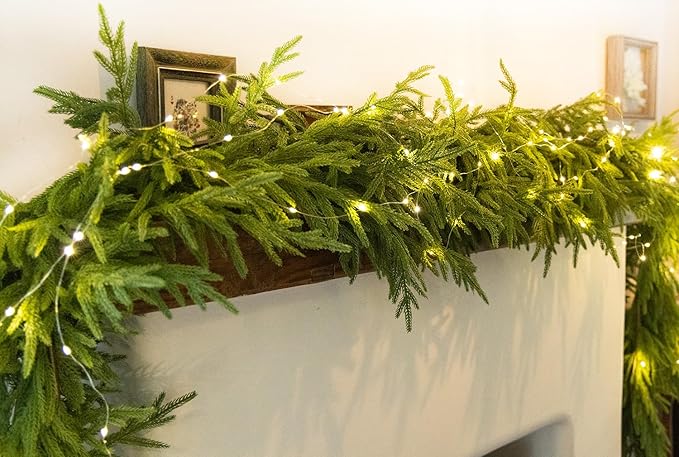 MISSPIN 6ft Christmas Garland with LED Lights, Real Touch Norfolk Pine Garland, Green Artificial Greenery Garland for Table, Mantle, String Light, Wall, Indoor, Outdoor Christmas Decorations