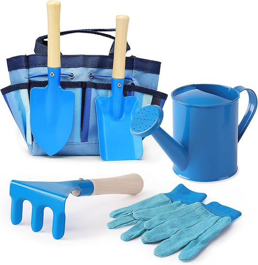 Kids Gardening Tools Set, Toddler Play Kit Child Outdoor Toy with Gloves, Watering Can, Metal Shovel, Rake, Spade & Storage Bag, Backyard Sand Digging Birthday for Boys Girls 3-5 (Blue)