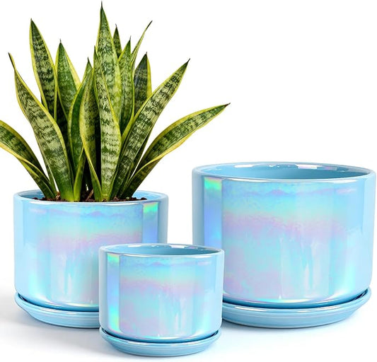 EFISPSS Ceramic Planter 4+5+6 Inch Ceramic Flower pots for Indoor Plants with Drainage,for Succulent Cactus,Garden Planters,Modern Decorative for Home Blue Pearl Glaze Plant Pots