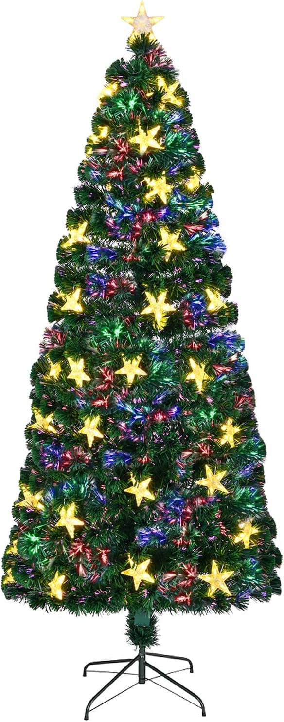 Juegoal 7ft Pre-Lit Artificial Christmas Tree, Lighted Optical Fiber Xmas Trees with Warm White Large Stars & Color Changing Optical Fiber Lights, Party Home Holiday Green Fake Tree with Metal Legs