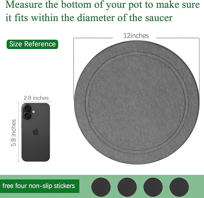 Plant Saucer Flower Pot Saucers Plant Trays for Pots Instant Dry Diatomaceous Earth Round Plant Drip Trays for Indoors Keeping Counter and Floors Dry and Clean (2Pcs Grey Large)