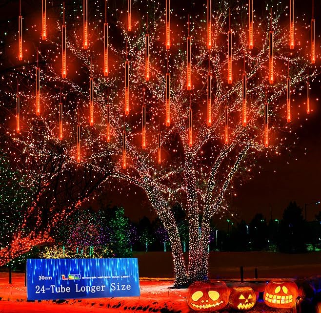 Kwaiffeo Outdoor Halloween Decorations, 24 Tubes Meteor Shower Lights(Equivalent to 3 Sets of 8-Tube) for Halloween Decoration Outside, Orange Lights for Tree Fall Autumn Decor, UL Plug