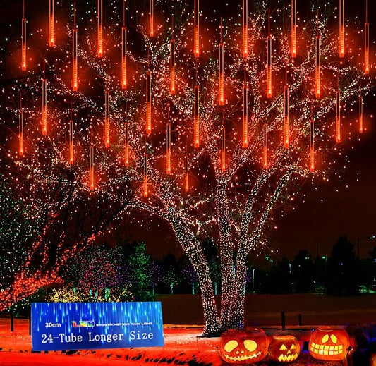 Kwaiffeo Outdoor Halloween Decorations, 24 Tubes Meteor Shower Lights(Equivalent to 3 Sets of 8-Tube) for Halloween Decoration Outside, Orange Lights for Tree Fall Autumn Decor, UL Plug