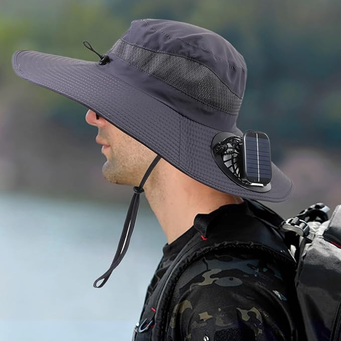 Wide Brim Solar Fan Outdoor Fishing Hat with 2 Solar Fan UPF 50+ Sun Bucket Hat Waterproof Breathable Fishing Hat Bucket Hat