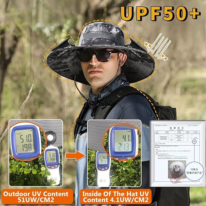 Wide Brim Solar Fan Hat for Men Women- UPF 50+ Sun Bucket Hat with 2 Built-in Solar Powered Fans for Fishing, Hiking & Beach