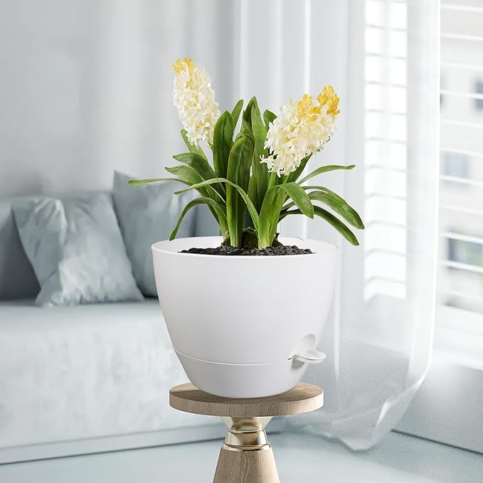 12 inch Large Self Watering Pots for Indoor Outdoor Plants, Plant Pots with Mesh Drainage Holes for Garden House Plants, Plastic Planters with Reservoir for Flower Plants, White