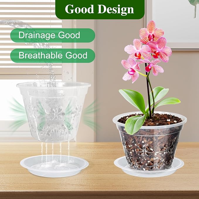 Orchid Pot, 8 Pack 4 Inch Clear Orchid Pots with Holes & Saucers - Aeration Flower Planters for Phalaenopsis, Dendrobium & Airflow Root Orchids - Ideal for Repotting, Drainage & Healthy Growth