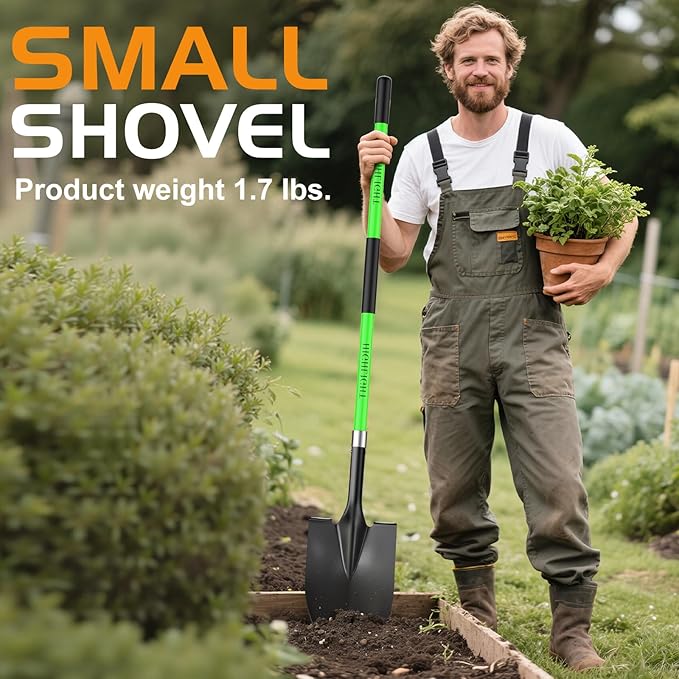 HIGHLIGHT Spade, Heavy Duty Gardening Shovel, Garden Shovel 56 inch for Digging, Round Shovel with D-Handle, for Garden,Beach, Snow, Fiberglass Handel, Green