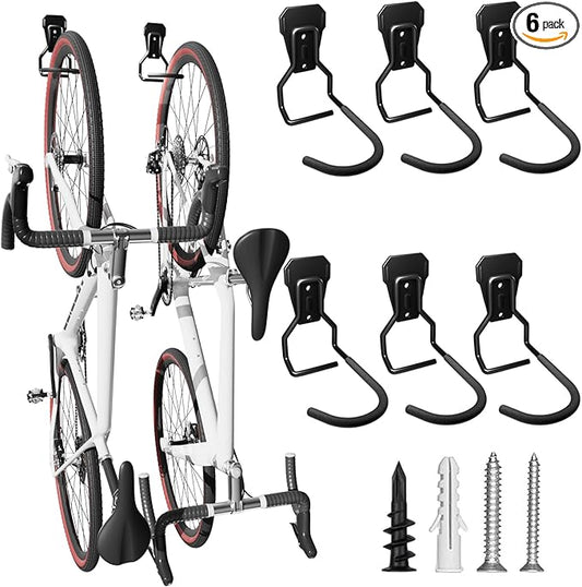 Wall Mount Bike Hooks Bike Hooks for Garage Vertical Bike Hanger for Indoor Use Heavy Duty with 8mm Thick Steel Frame 6PCS Storage System Black