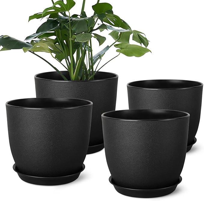 Plant Pots 8 Inch Set of 4, Flower Pots with Multi Mesh Drainage Holes, Planters for Indoor Outdoor Garden Plants and Flowers (Black)
