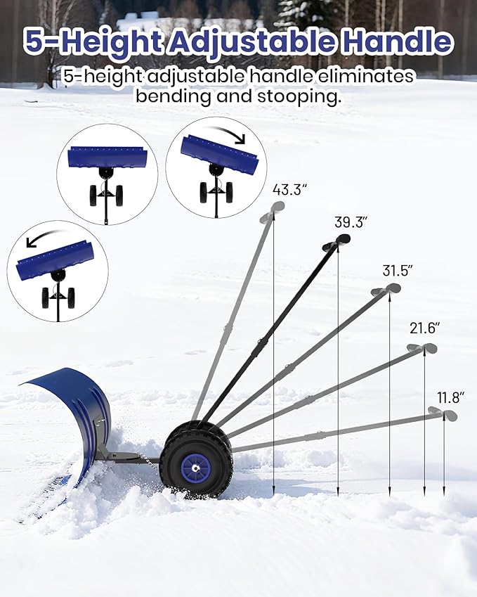 36" Snow Pusher Shovel with Wheels, Adjustable Ergonomic T-Handle Snow Plow for Driveway, Heavy Duty Wheeled Rolling Shovels for Driveway and Sidewalks with Angeled Blade