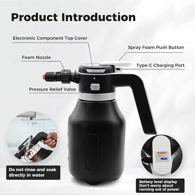 VSSOC Electric Foam Sprayer,2L Portable Rechargeable Cordless Pressurized Spray Foam Cannon, Easy Clean & Acid Resistant for Car Wash Detailing Garden Black