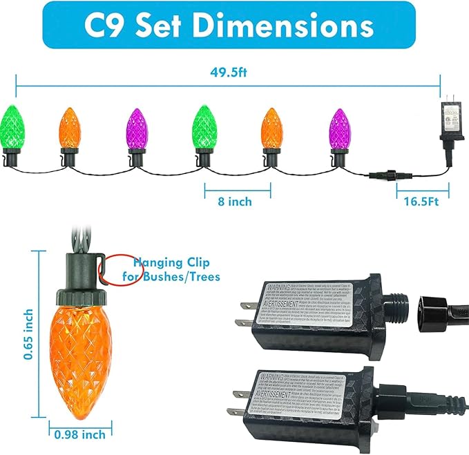 KAQ 2PK 100LED Orange Purple and Green C9 Halloween Lights Waterproof Indoor Outdoor, Extendable 98FT String Lights Plug in with 13 Lighting Modes, Halloween Decorations for Party, Outside Yard Decor