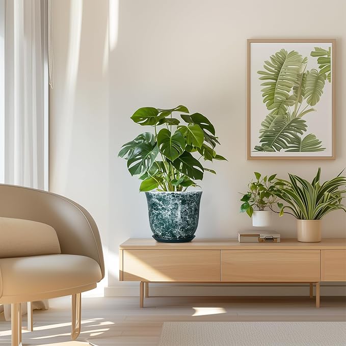 8 Inch Plant Pot - Ceramic Planter with Drainage Hole and Saucer, Round Planter for Indoor Outdoor, Modern Planters, Decorative Flower Pots, Office Room Home Decor, Plant Lover Gifts, Green