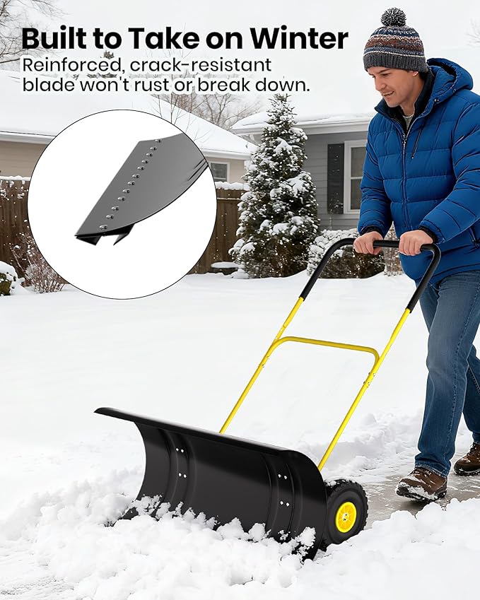 36" Snow Pusher Shovel with Wheels, Adjustable Ergonomic U-Handle Snow Plow for Driveway, Heavy Duty Wheeled Rolling Shovels for Driveway and Sidewalks with Angeled Blade