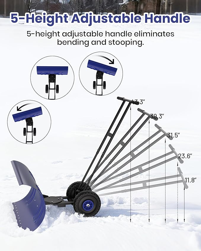 36" Snow Pusher Shovel with Wheels, Adjustable Ergonomic T-Handle Snow Plow for Driveway, Heavy Duty Wheeled Rolling Shovels for Driveway and Sidewalks with Angeled Blade