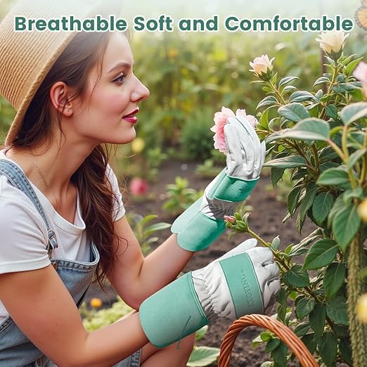 Gardening Gloves, Long Thorn Proof Garden Gloves for Women and Men, Goatskin Breathable Leather Work Gloves for Gardening, Pruning, Yard Work, Turquoise, L
