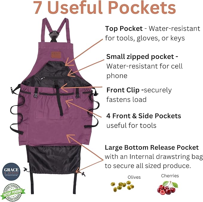 Gardening Apron with Pockets for Women & Men - Garden Apron 7 Pockets & Internal Drawstring Bag - Great Gift