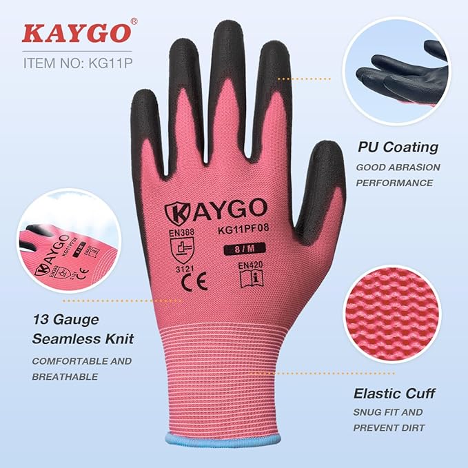 KAYGO Safety Work Gloves PU Coated-12 Pairs, KG11P Seamless Knit Glove with Polyurethane Coated Smooth Grip on Palm & Fingers, for Men and Women, Ideal for General Duty Work,Pink,Large