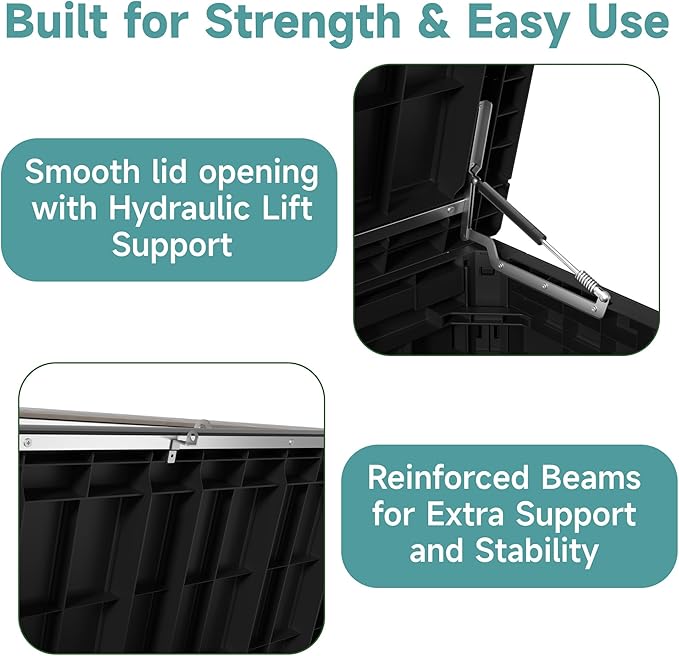 230 Gallon Waterproof Outdoor Storage Box, UV Resistant Resin Deck Box with Hydraulic Rod for Reinforced Stability, Perfect for Patio, Garden, and Pool, Striped Black