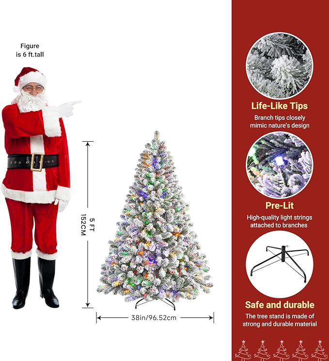 SHareconn 5ft Pre-Lit Flocked Spruce Artificial Hinged Christmas Tree with Remote, Timer and 250 Warm White & Multi-Color Lights, 642 Branch Tips, Perfect Choice for Xmas Decoration, 5 FT, White