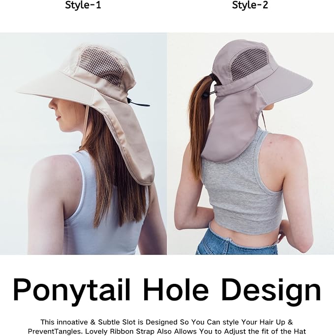 UV Sun Protection Hat Women Foldable Neck Flap Wide Brim Fishing Hat with Ponytail Hole for Women