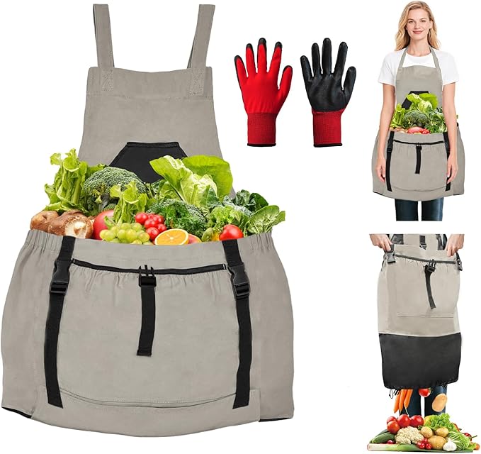 Gardening Apron with Pockets for Women/Man, Canvas Apron with Waterproof Harvest Pouch and Adjustable Straps