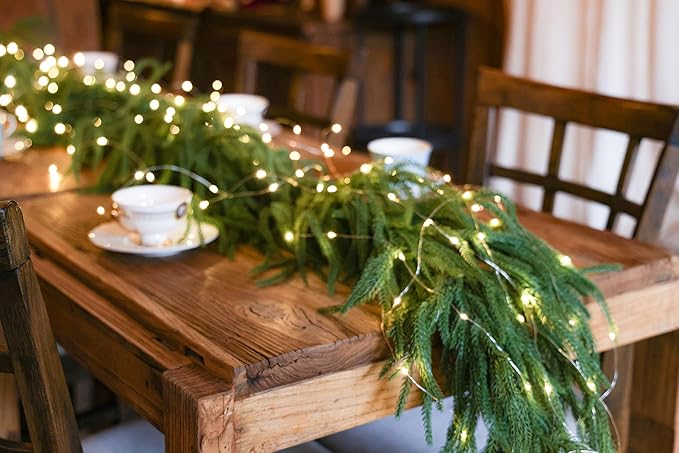 MISSPIN 9ft Christmas Garland with Lights, Real Touch Norfolk Pine Garland, Green Artificial Greenery Garland for Table, Mantle, Wall, Indoor, Outdoor Christmas Decorations