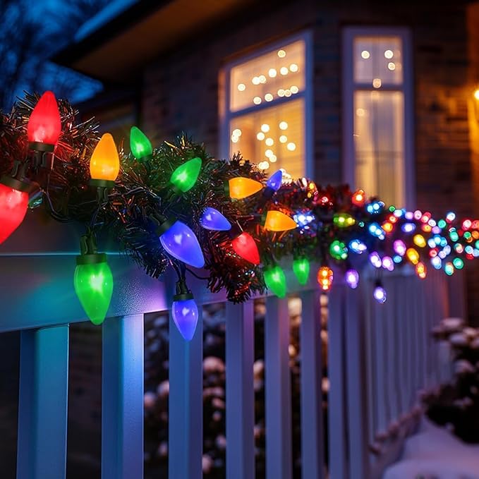 C7 60 LED Battery Operated Christmas Lights,Battery Powered Multicolor Waterproofing Bulbs,21.3 FT 8 Modes with Auto On/Off Time for Xmas Tree Garden Patio Indoor Outdoor Christmas Decorations