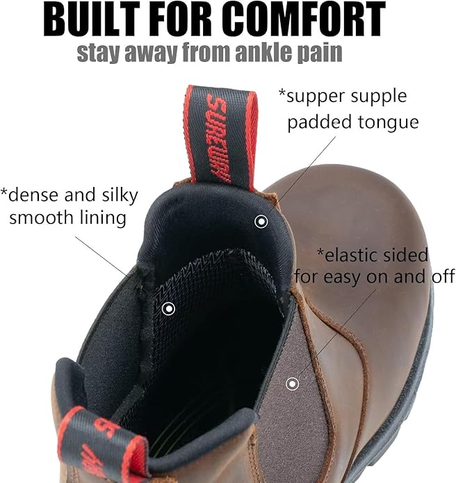 SUREWAY Men's Slip-On Work Boots for Men,Full Grain Leather,Anti-Static,Water/Slip Resistant,Fire Station Mechanic Industrial Construction Safety Boots/Shoes for Men